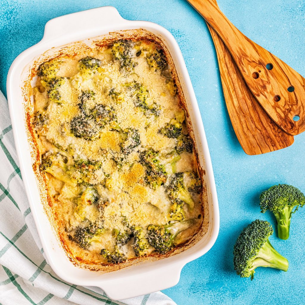 Broccoli gratin in a baking dish.